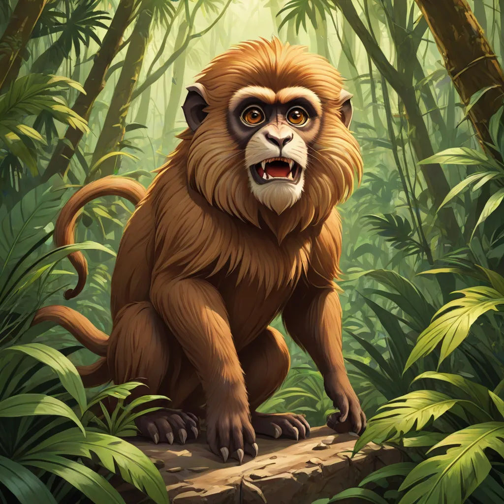 a monkey in the jungle with a big grin on its face and mouth, sitting on a log in the middle of the jungle, Chris LaBrooy, sumatraism, a character portrait, highly detailed digital painting