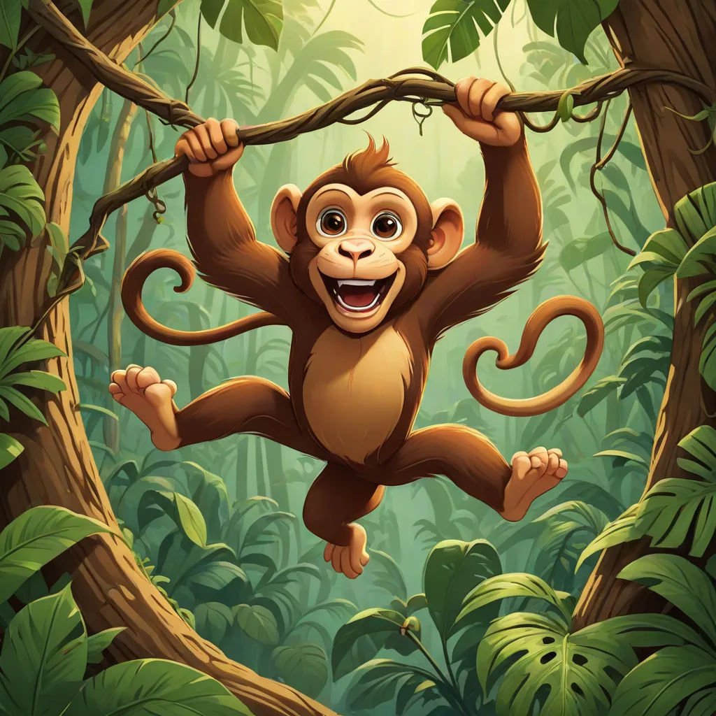 a monkey hanging on a tree in a jungle with a branch in its mouth and smiling at the camera, Alex Petruk APe, primitivism, a digital painting, jungle