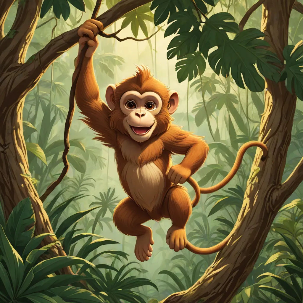 a monkey hanging from a tree in a jungle with a smile on its face and arms, with a branch in the foreground, Chris LaBrooy, sumatraism, a digital painting, jungle