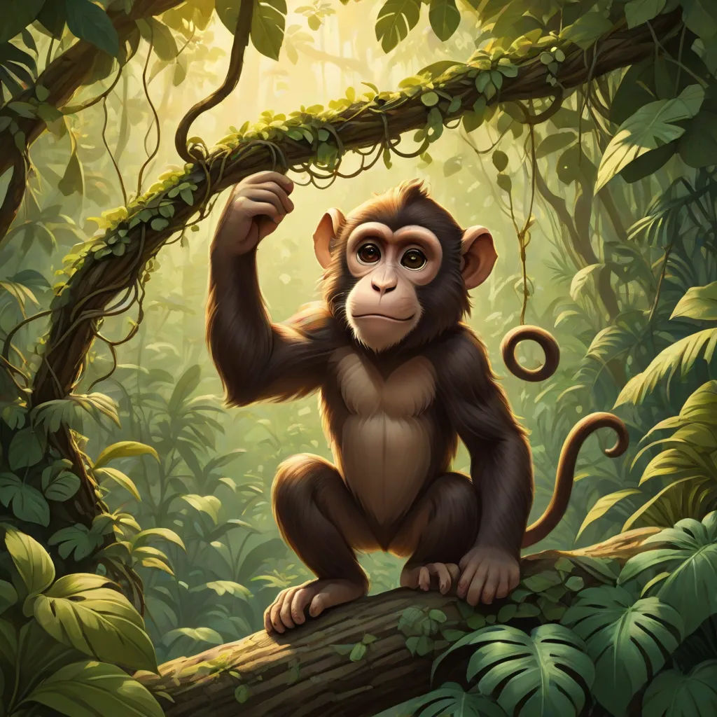 a monkey is sitting on a tree branch in the jungle and holding a branch with its paws up to the camera, Alex Petruk APe, sumatraism, a digital painting, highly detailed digital painting