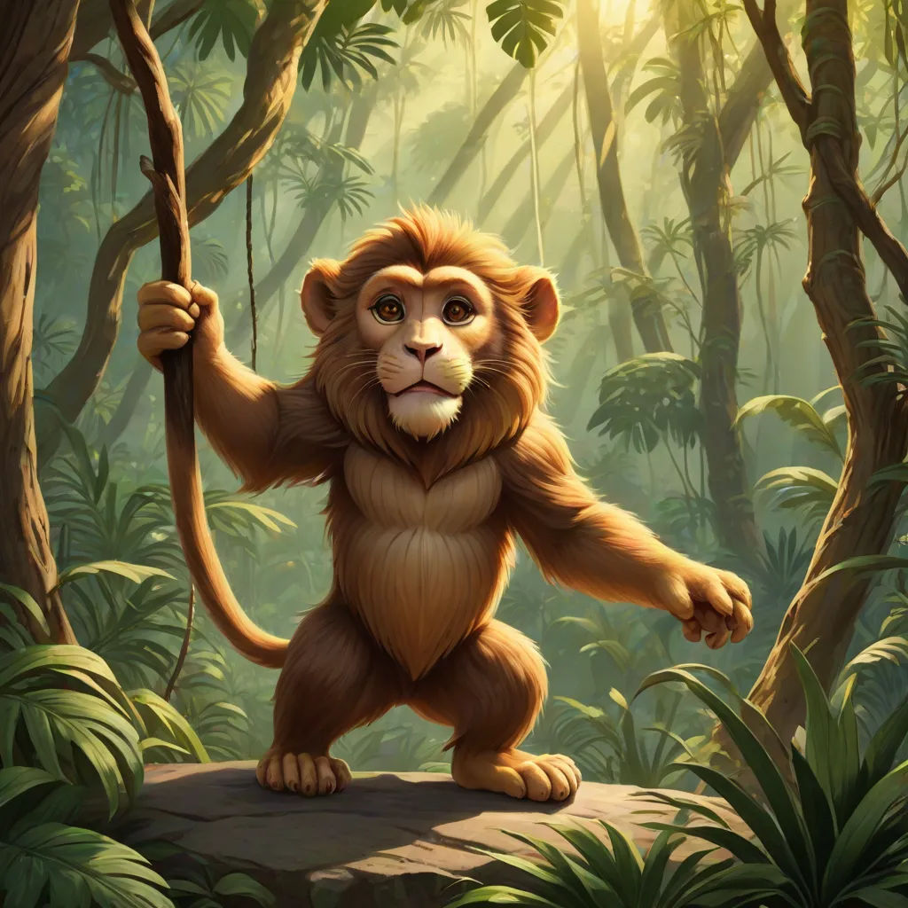 a monkey holding a stick in a jungle with trees and plants in the background, with sunlight shining through the trees, Chris LaBrooy, sots art, a digital painting, jungle