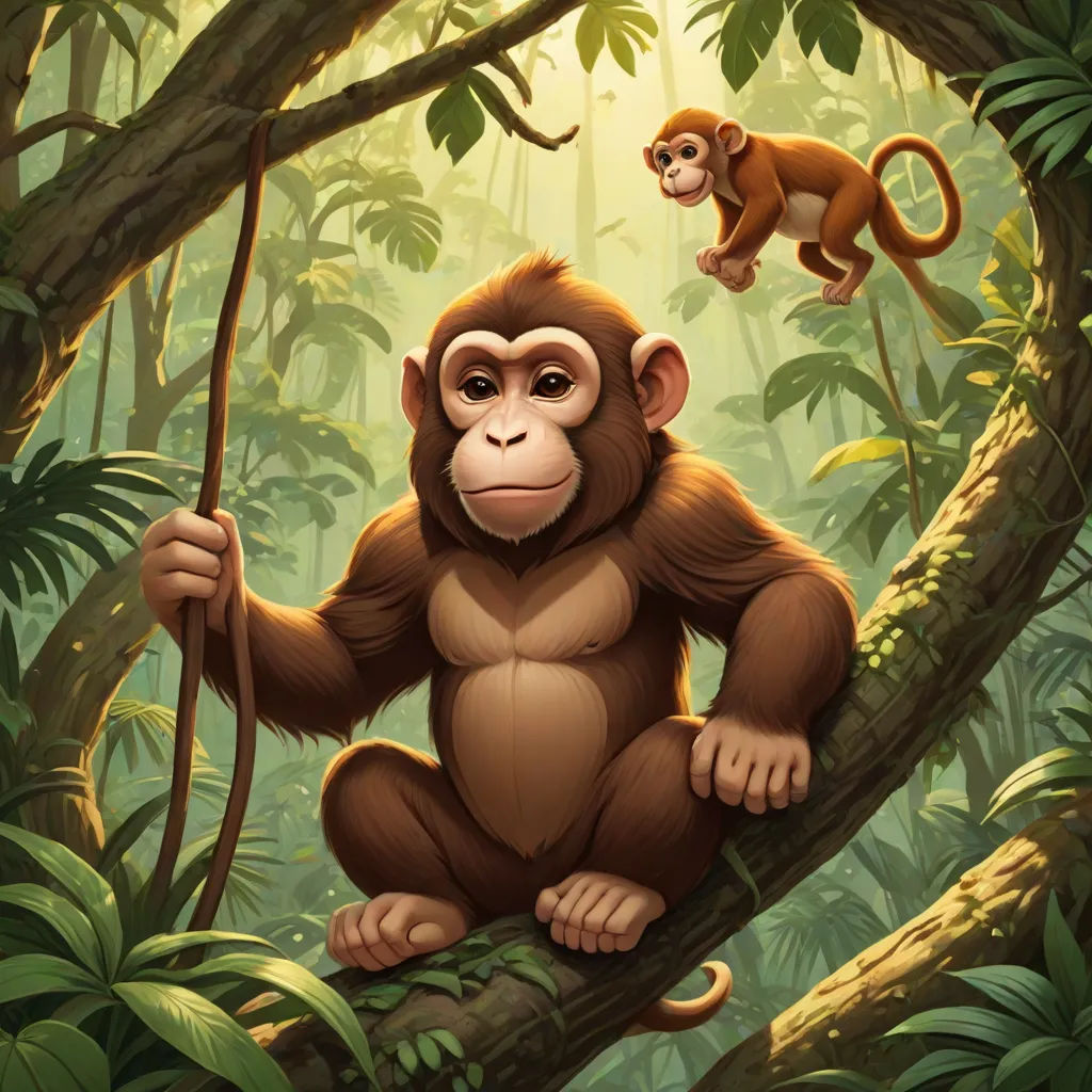 a monkey sitting on a tree branch in a jungle with a monkey on the tree branch in the background, Alex Petruk APe, primitivism, a digital painting, highly detailed digital painting