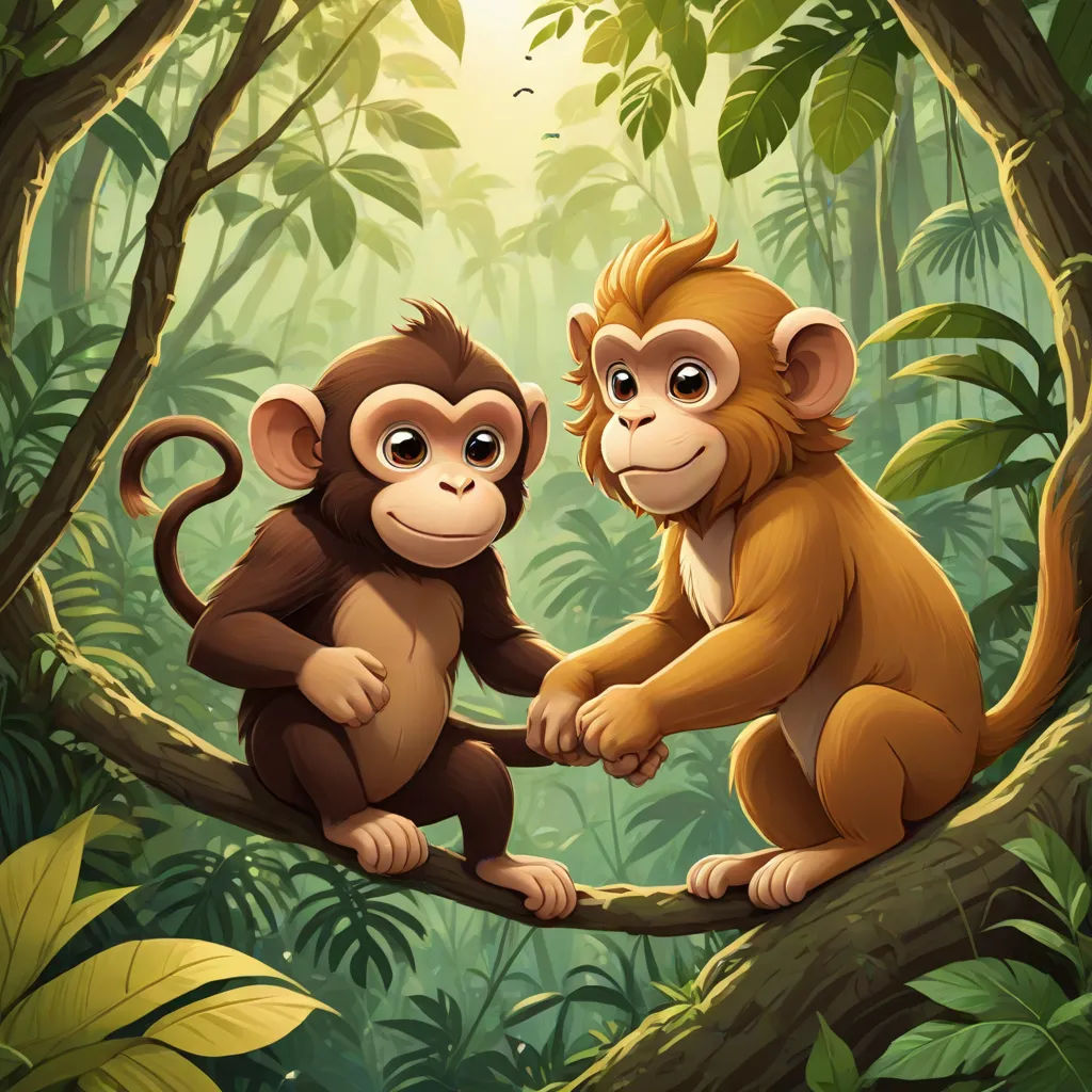 two monkeys sitting on a tree branch in a jungle with sunlight shining through the trees and leaves surrounding them, Alex Petruk APe, primitivism, a storybook illustration, jungle