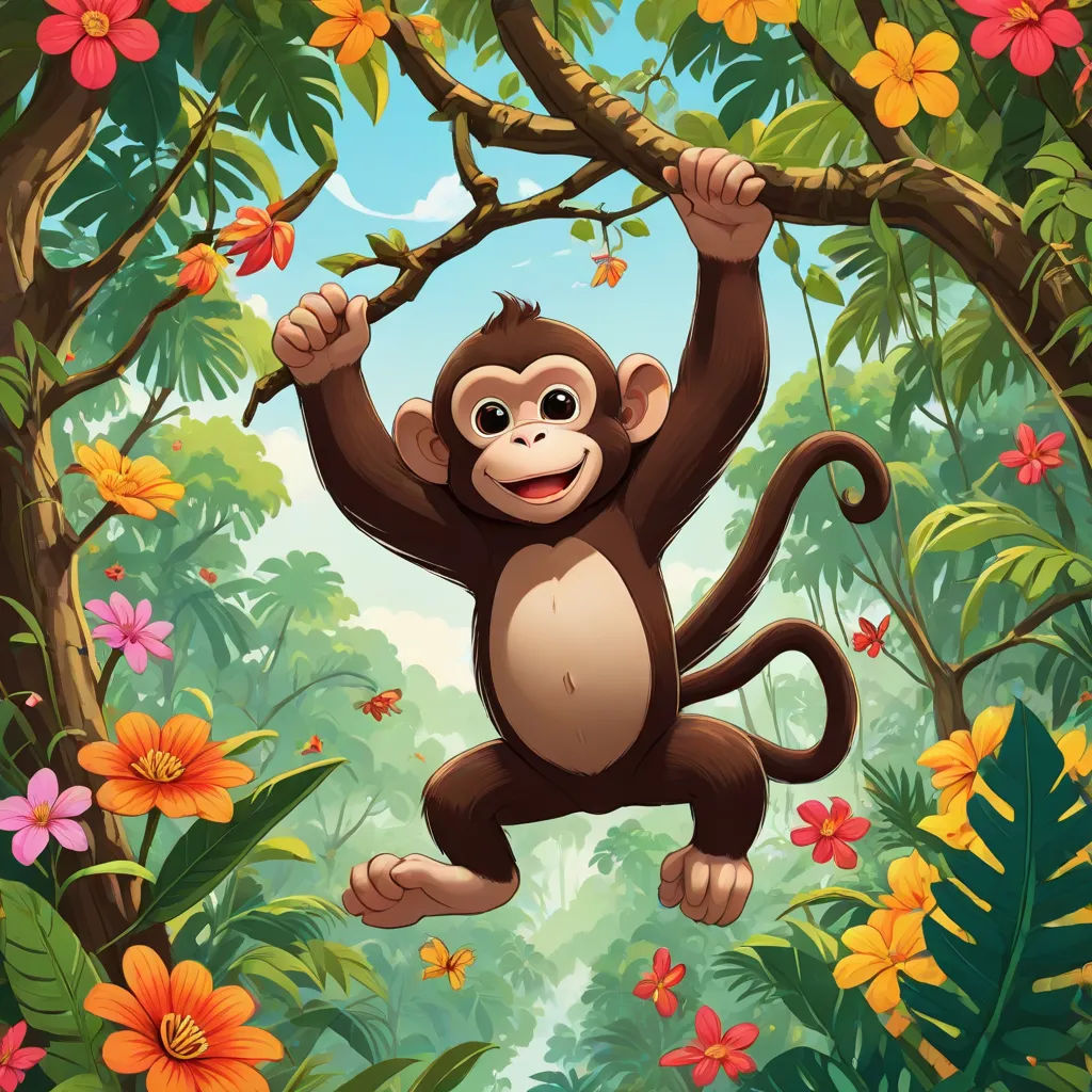 a monkey hanging from a tree in a jungle with flowers and butterflies around it and a butterfly in the air, Alex Petruk APe, primitivism, a storybook illustration, jungle