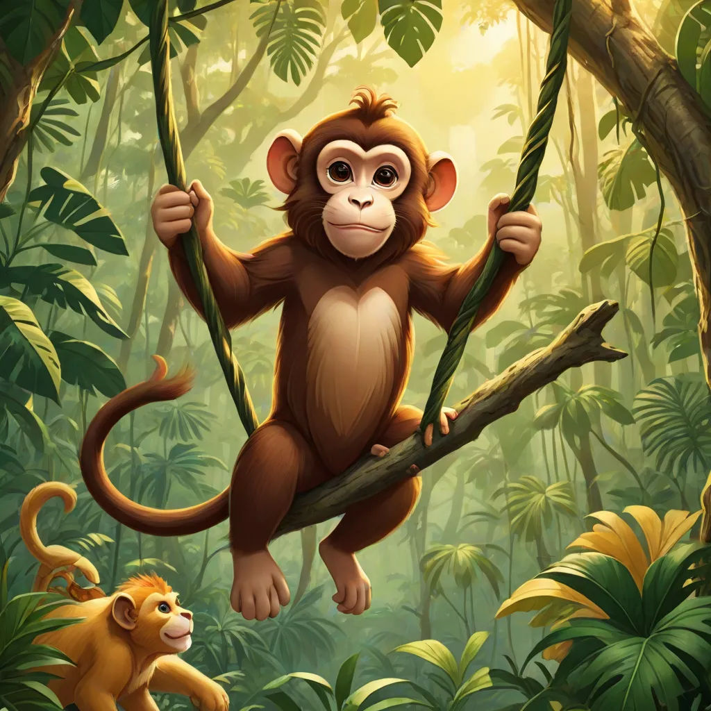 a monkey hanging on a branch in the jungle with another monkey nearby in the background of the picture,, Alex Petruk APe, sots art, a digital painting, jungle