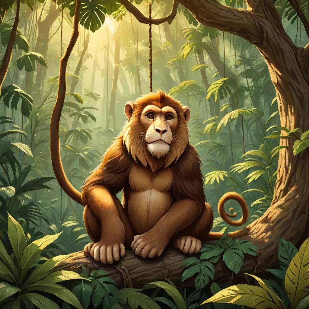 a monkey sitting on a tree branch in a jungle with sunlight shining through the trees and leaves surrounding it, Chris LaBrooy, primitivism, an illustration of, furaffinity