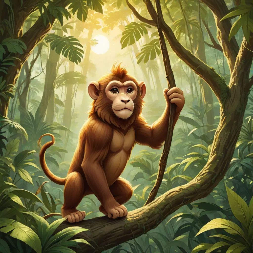 a monkey is sitting on a tree branch in the jungle with a sun in the background and a jungle background, Alex Petruk APe, sumatraism, a digital painting, jungle