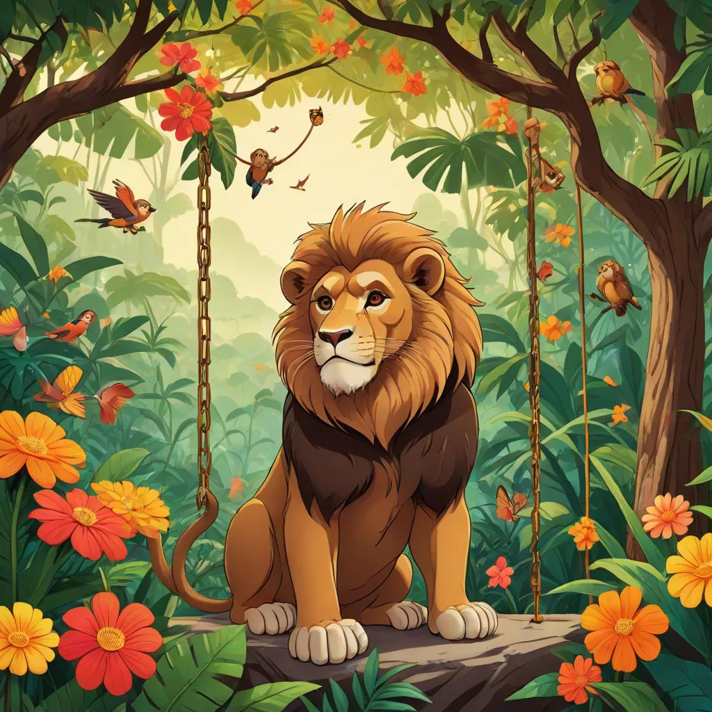 a lion sitting in the middle of a jungle with flowers and birds around it, and a bird flying above, Chris LaBrooy, fantasy art, a storybook illustration, trending on art station
