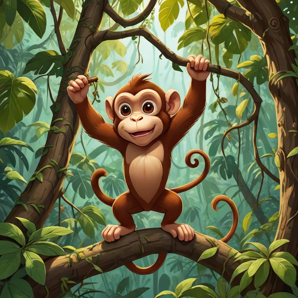 a monkey hanging on a tree branch in a jungle illustration by alex macinne for the children's book the jungle, Chris LaBrooy, sumatraism, a digital painting, highly detailed digital painting