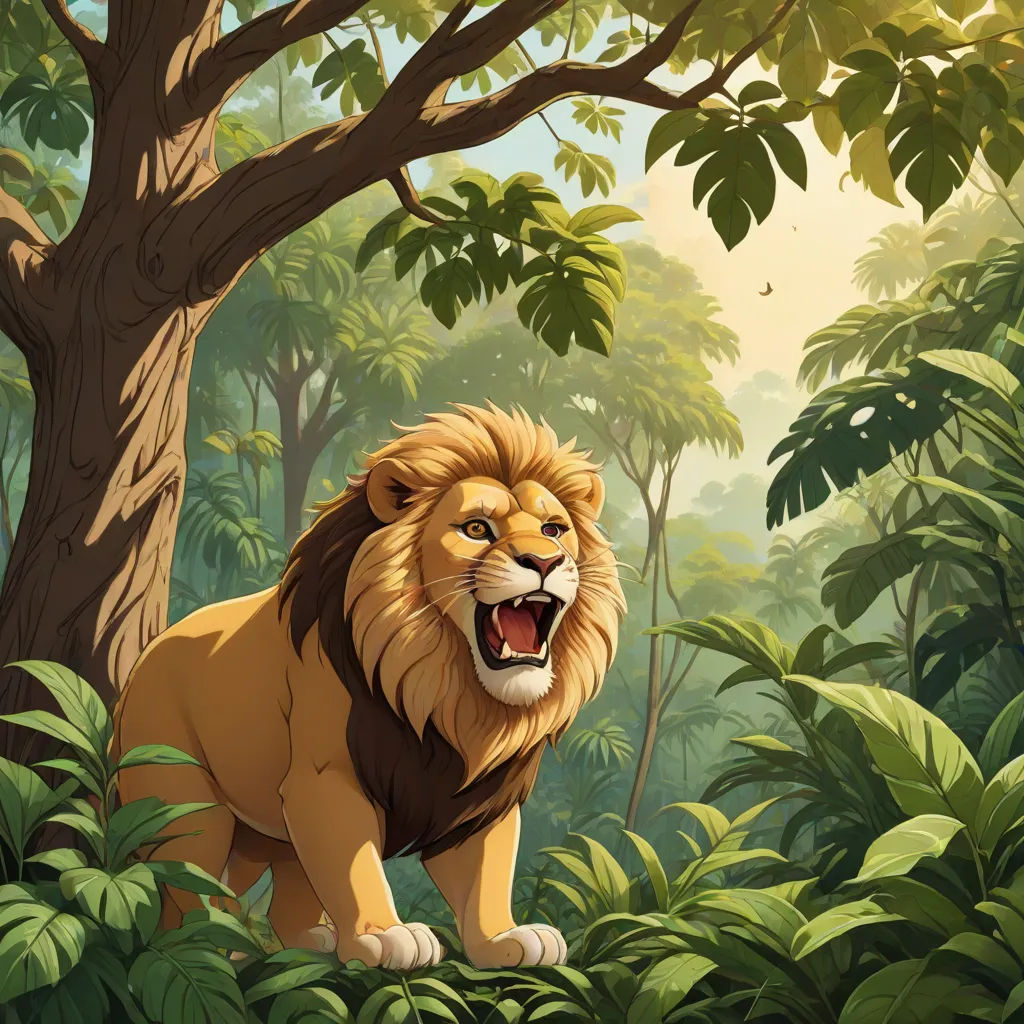 a lion standing in the middle of a jungle with trees and bushes around it's edges and a large open mouth, Chris LaBrooy, furry art, a detailed matte painting, official art