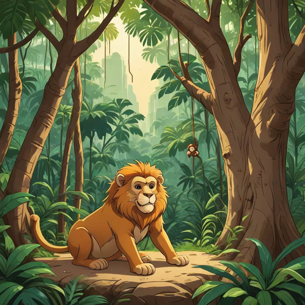 a lion sitting in the middle of a jungle with a monkey in the background and a monkey on the tree, Chris LaBrooy, sots art, a storybook illustration, jungle