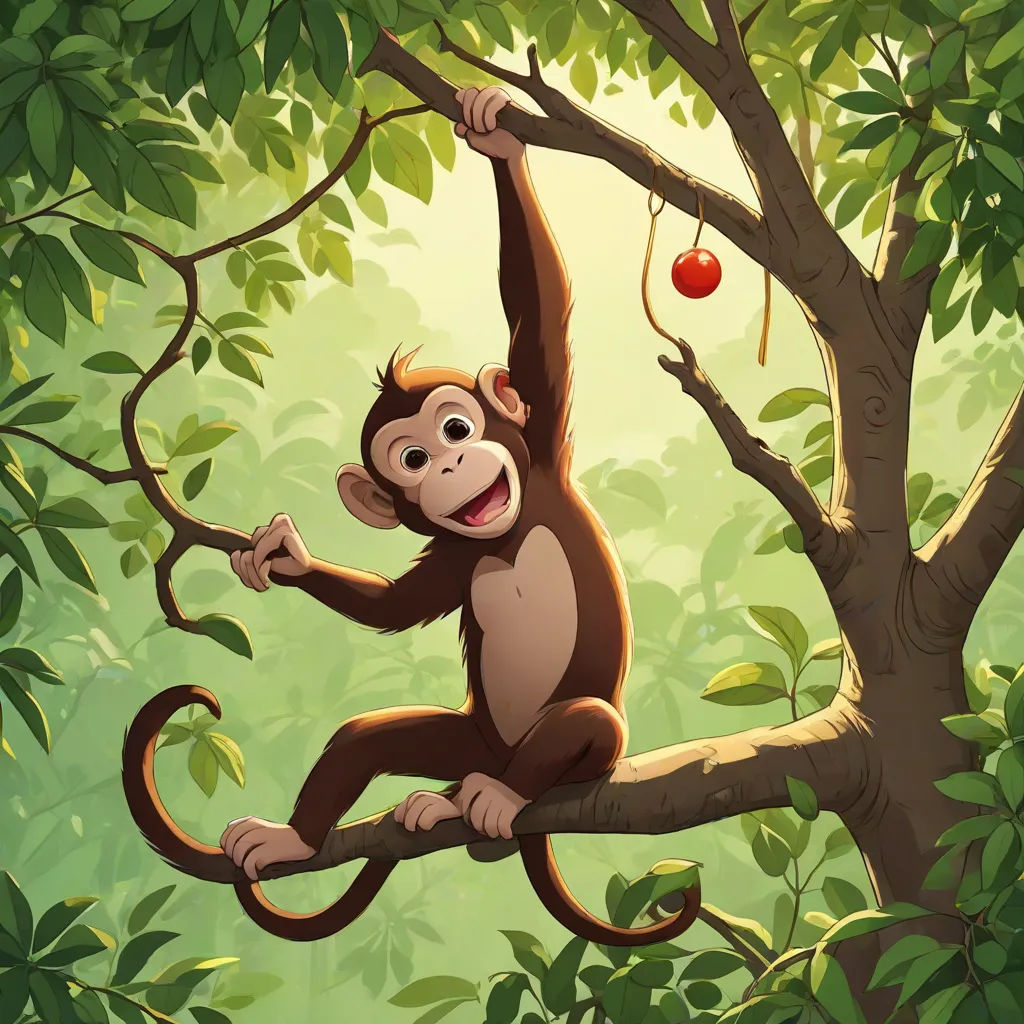 a monkey hanging from a tree branch with an apple in its mouth and a tree in the background with leaves, Diego Gisbert Llorens, primitivism, a storybook illustration, storybook illustration