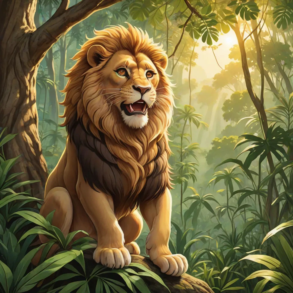 a lion standing on a tree branch in a jungle with sunlight shining through the trees and foliage surrounding it, Chris LaBrooy, fantasy art, a digital painting, jungle