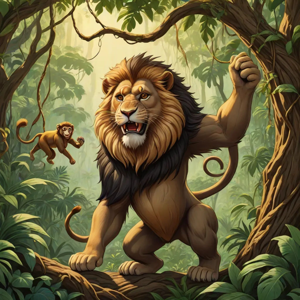 a lion and a monkey in a jungle scene with trees and leaves and a sun light shining on the background, Chris LaBrooy, fantasy art, a storybook illustration, furaffinity