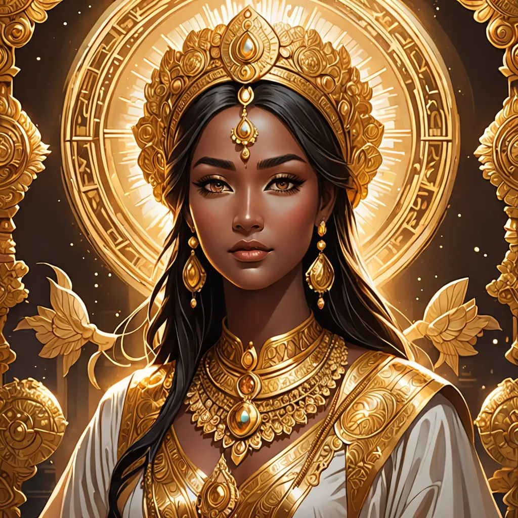 a woman in a golden outfit with a halo around her neck and a cross on her chest, with a golden background, fantasy art, a detailed painting, Charlie Bowater, trending on art station
