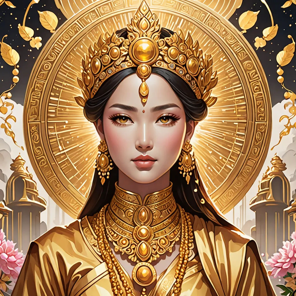a woman in a golden outfit with a crown on her head and a gold halo around her head, surrounded by flowers, fantasy art, a detailed painting, Charlie Bowater, rossdraws global illumination