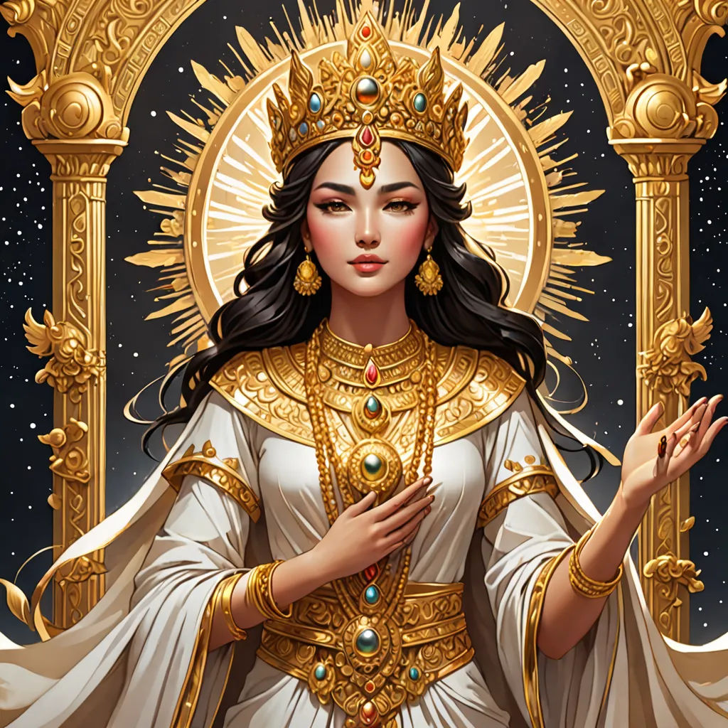 a woman in a white dress with a golden crown on her head and hands in her hands, standing in front of a golden throne, qajar art, a detailed painting, Charlie Bowater, trending on art station