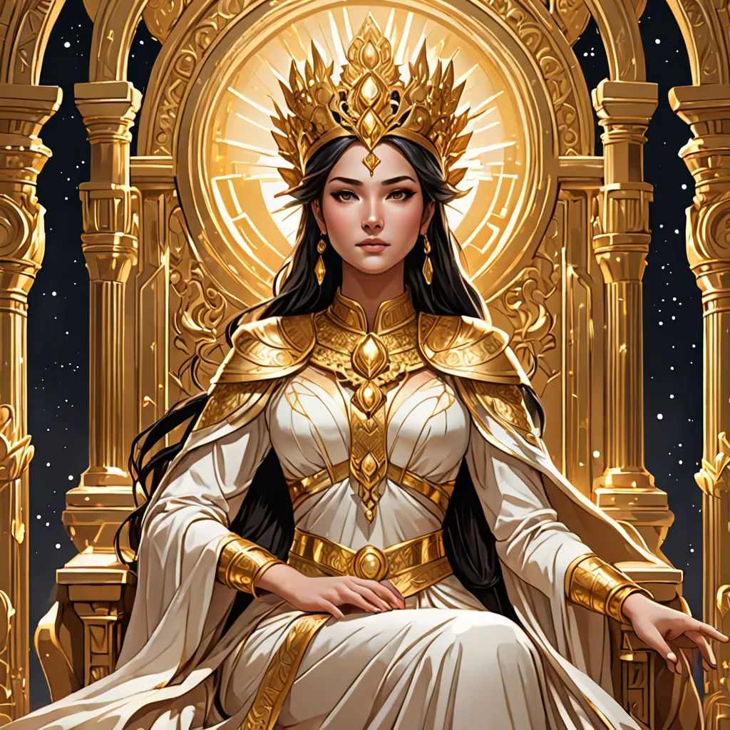 a woman in a white dress sitting on a throne with a golden crown on her head and a golden crown on her head, fantasy art, a detailed painting, Charlie Bowater, rossdraws global illumination