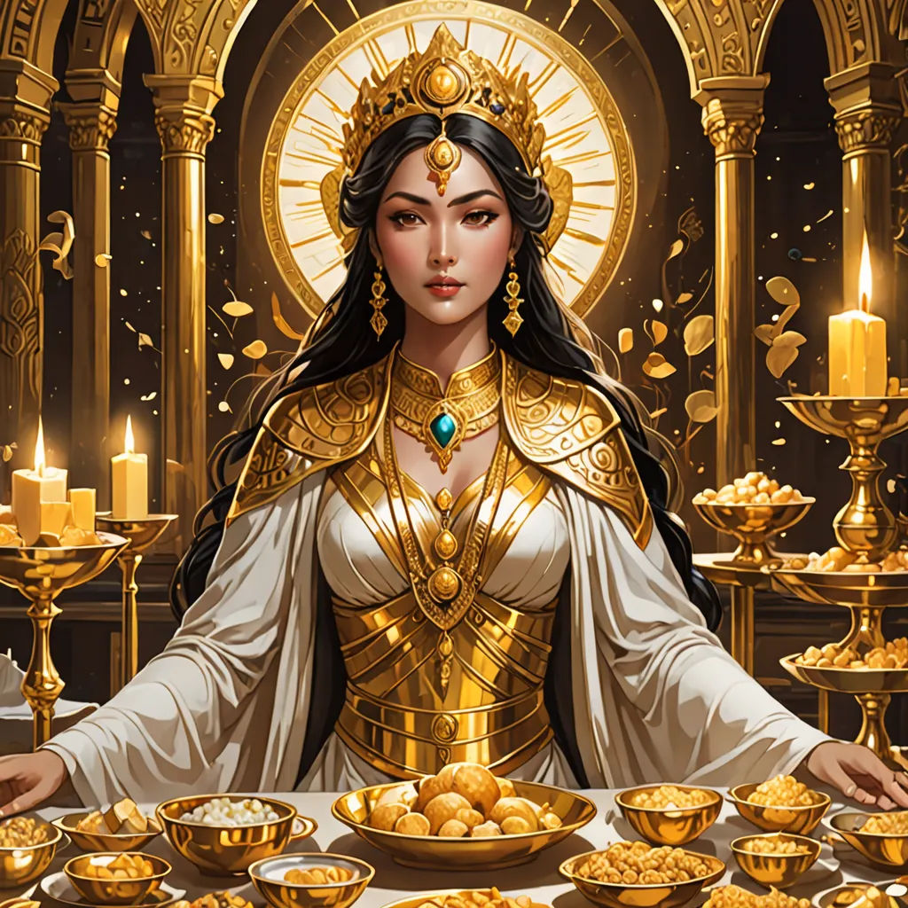 a woman in a golden outfit is surrounded by golden bowls and candles and a clock in the background with a golden clock, fantasy art, a detailed painting, Donato Giancola, high detail illustration
