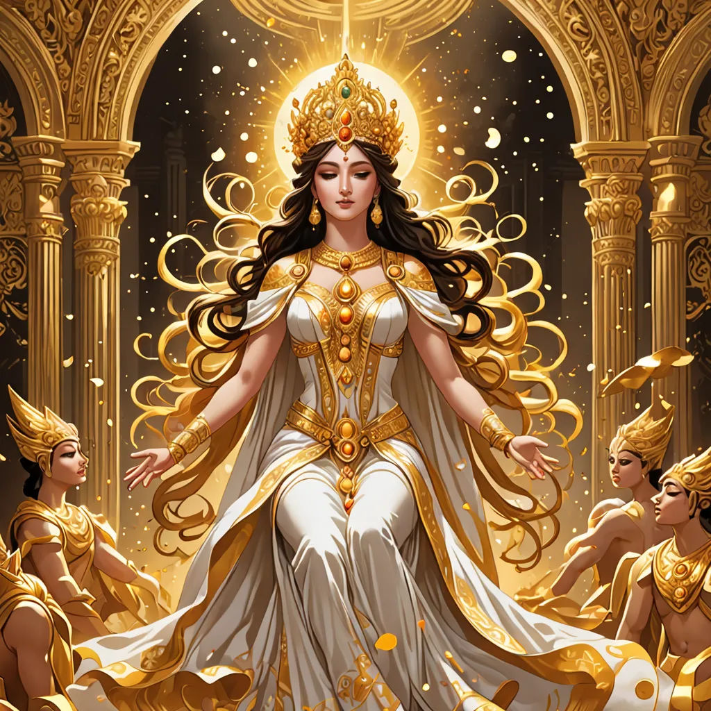 a woman in a white dress with gold accents and a crown on her head, surrounded by other women, fantasy art, a detailed painting, Donato Giancola, rossdraws global illumination