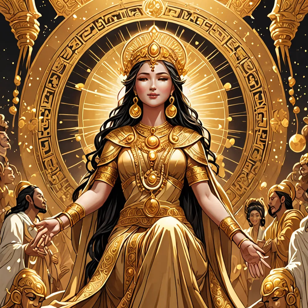 a painting of a woman in a golden dress surrounded by other people and a golden sun symbol on a black background, fantasy art, a detailed painting, Donato Giancola, sun