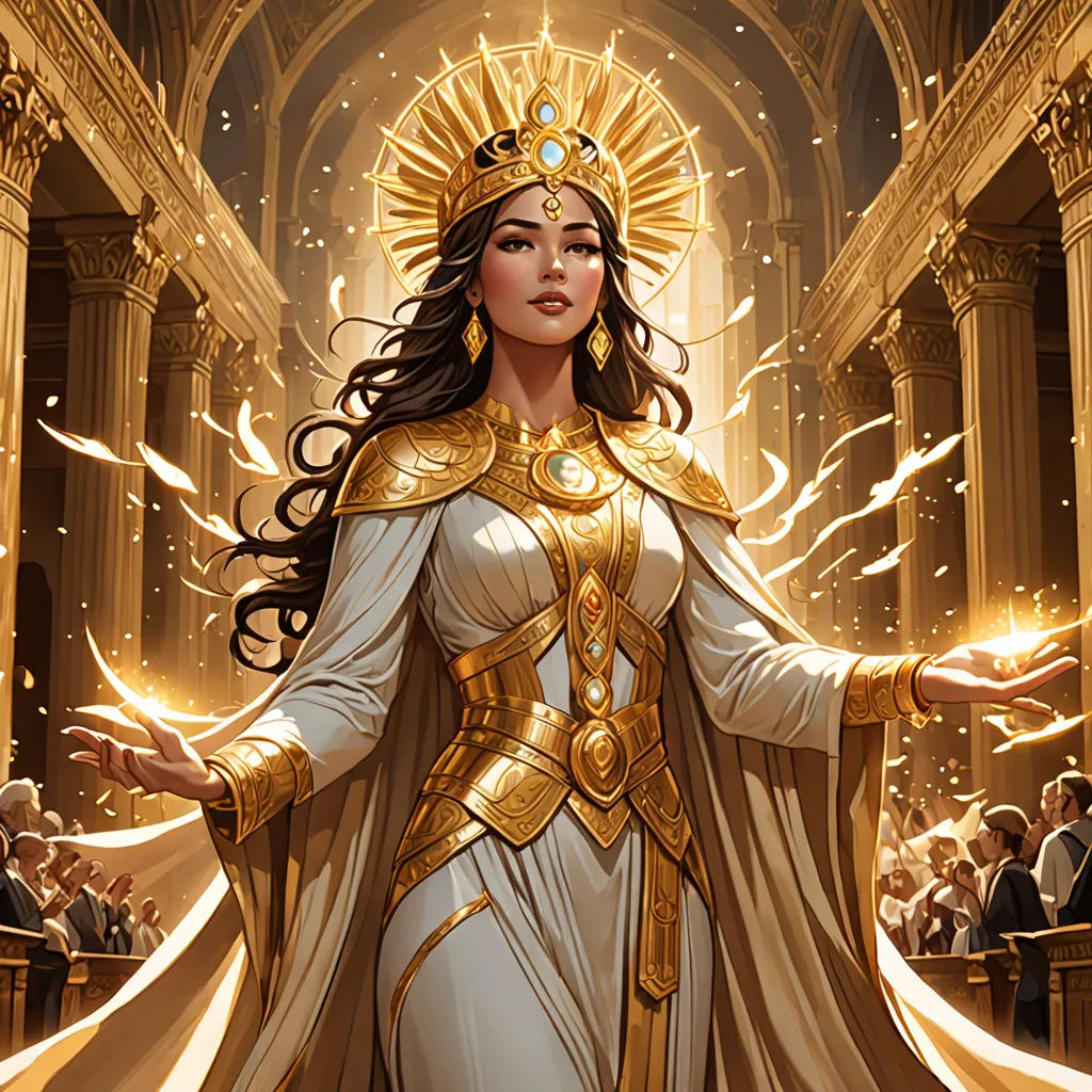a woman dressed in a golden outfit with a crown and a golden halo standing in a church with her arms outstretched, fantasy art, an ultrafine detailed painting, Donato Giancola, magic the gathering artwork