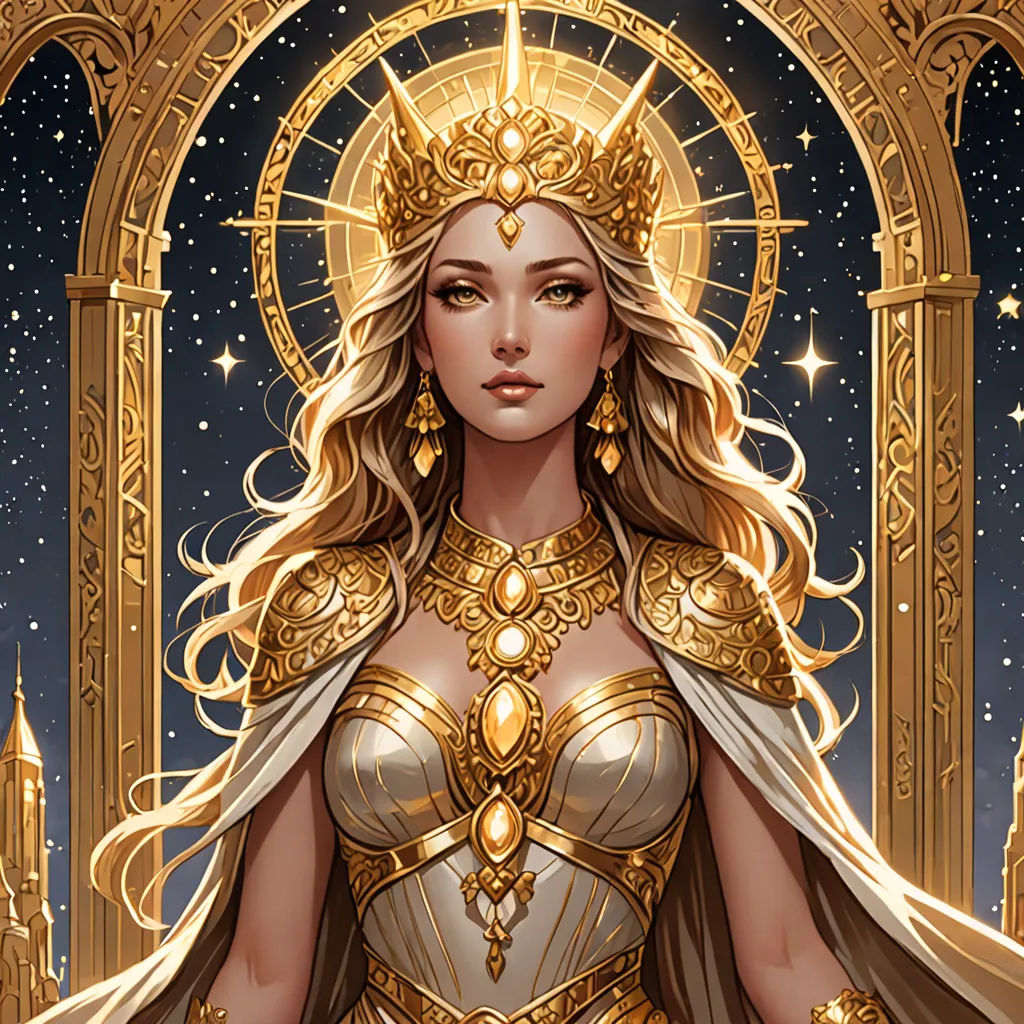 a woman in a golden outfit with a golden crown on her head and a golden halo around her neck, fantasy art, a detailed painting, Charlie Bowater, rossdraws global illumination