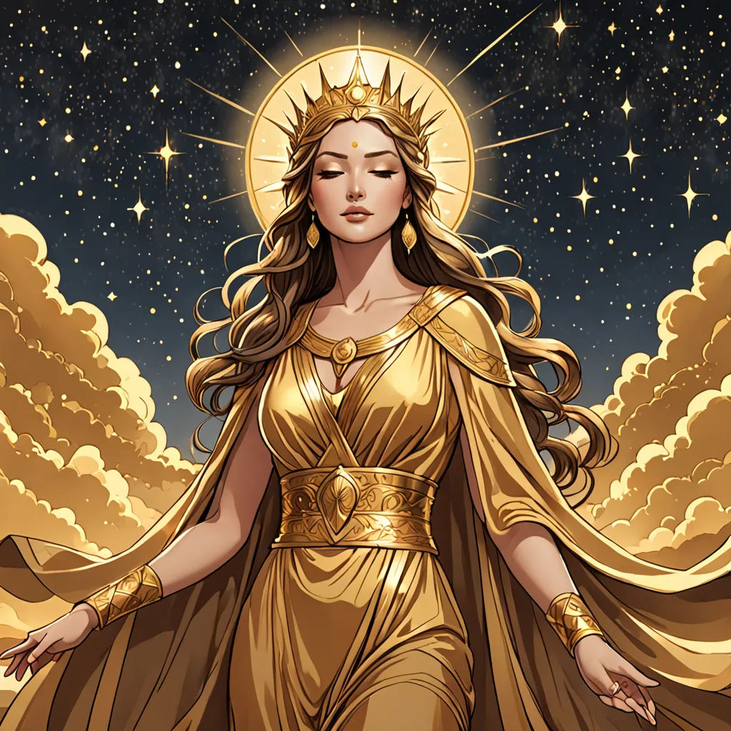 a woman in a golden dress with a crown on her head and a star above her head, standing in front of a night sky with clouds and stars, fantasy art, a comic book panel, Charlie Bowater, rossdraws global illumination