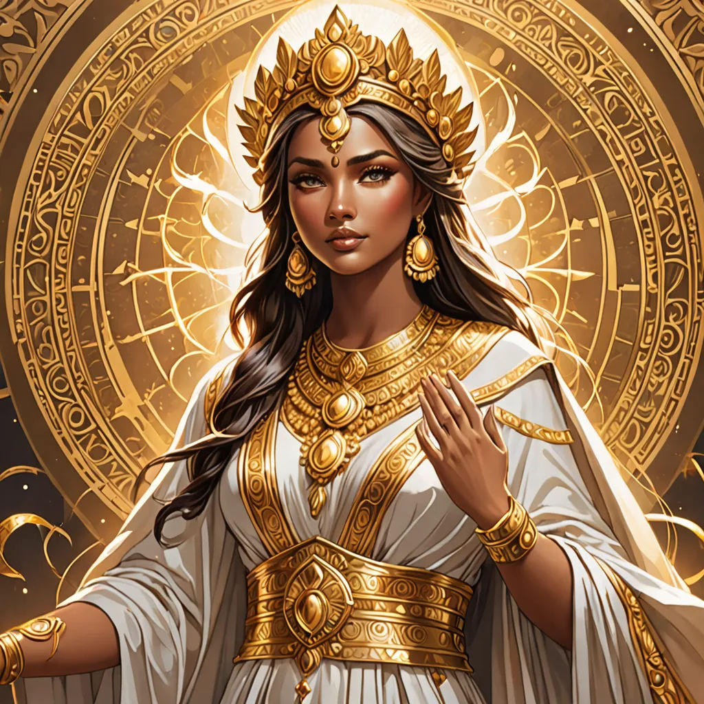 a woman in a white dress with gold accents and a golden crown on her head, standing in front of a golden circle, fantasy art, a detailed painting, Charlie Bowater, high detail illustration