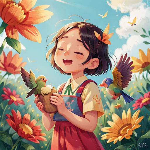 a little girl holding a bird in a field of flowers with a bird flying above her and a bird on her arm