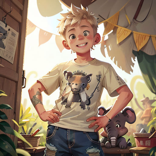 a boy standing in a room with a stuffed animal on his chest and a stuffed animal on his chest