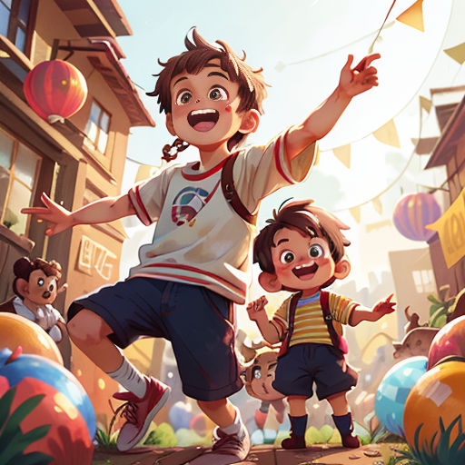 a boy and a girl are playing with a kite in a cartoon style, with a city background and bunting flags