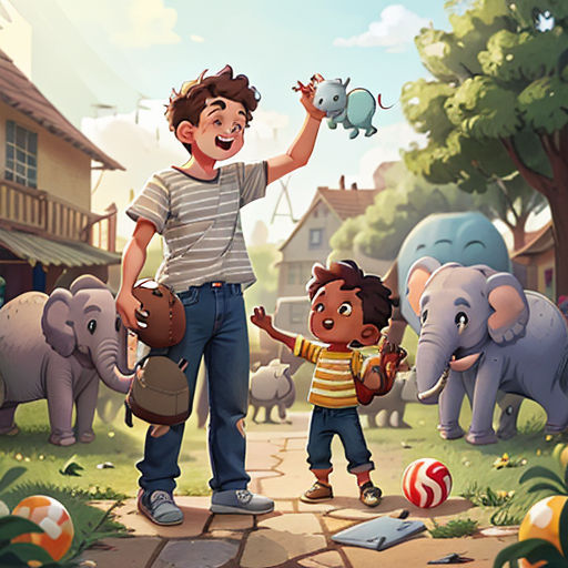 a man and a child are playing with elephants in the yard of a house with a ball in the air