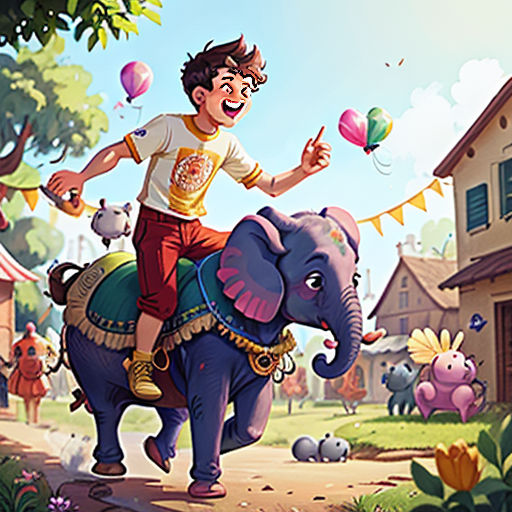 a boy riding on the back of an elephant in a cartoon style, with balloons floating above him and a house in the background