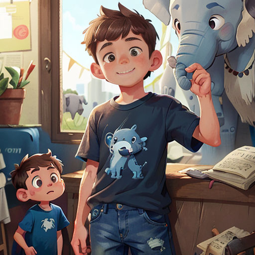 a boy and a boy are standing in front of an elephant statue and a boy is holding a book