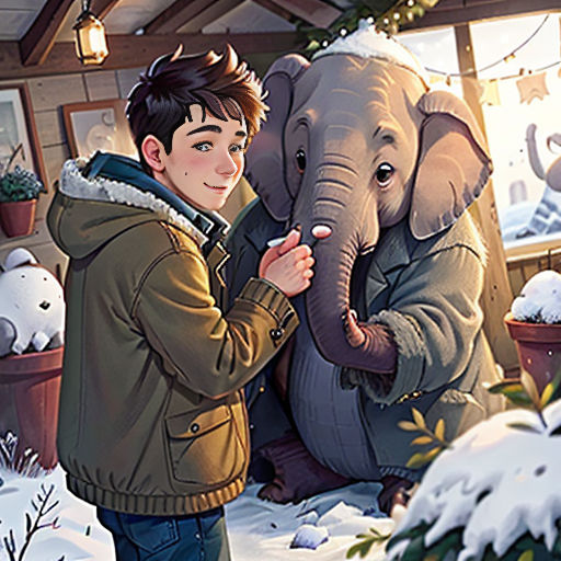 a boy is standing next to an elephant in the snow with a christmas tree in the background and a christmas tree in the foreground