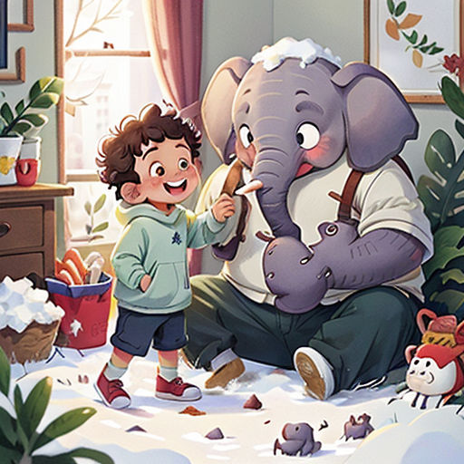 a boy is playing with an elephant in the snow in a room with a window and a christmas tree