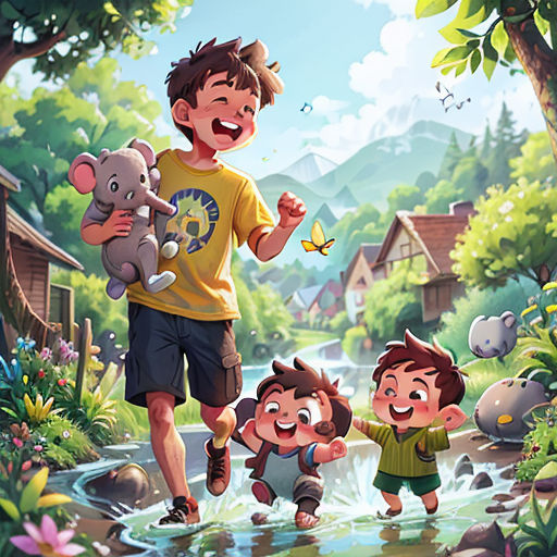 a boy and two boys are playing in the water with a teddy bear and a mouse in front of them