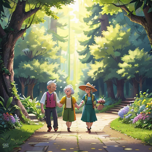 a painting of two people walking down a path in the woods holding hands with a man and woman holding hands