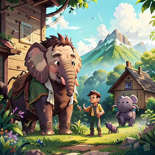 a man standing next to an elephant in a forest next to a house and a small elephant with a boy