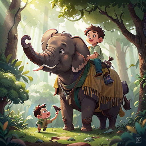 a boy riding on the back of an elephant in a forest with a boy standing on the back of it