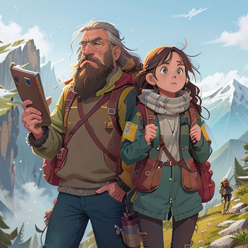 a man and a woman are walking through the woods with a tablet computer in their hands and a backpack on their back