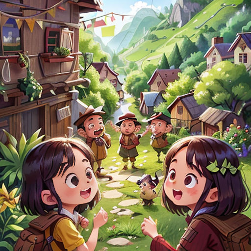 a group of children standing in front of a village with a dog and a cat on the ground and a dog on the ground