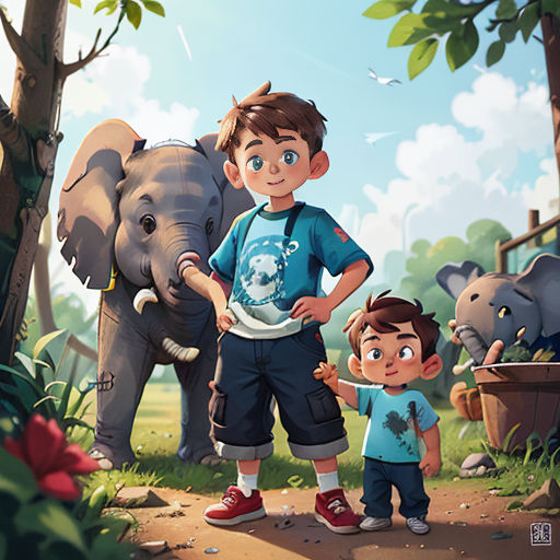 a boy and a boy are standing in front of an elephant and a boy is holding a frisbee