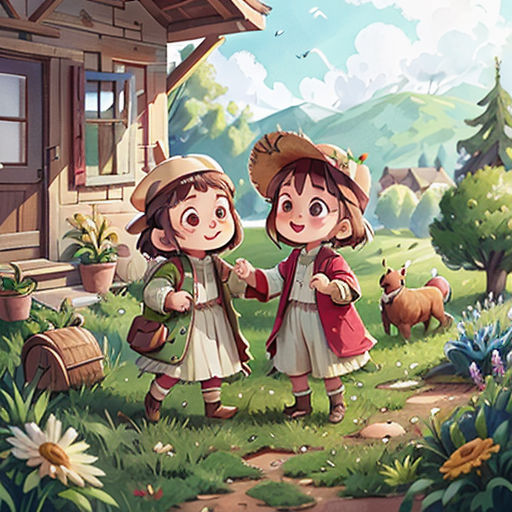 two children are standing in front of a house with a dog and a cat on the lawn, and a dog is walking behind them