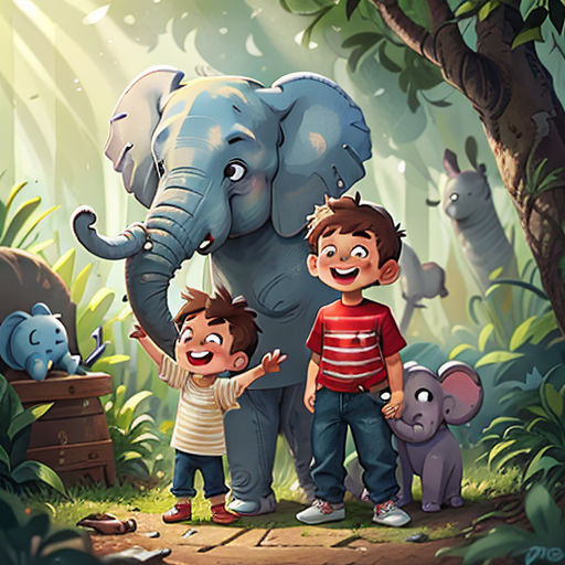 a couple of kids standing next to an elephant in a forest with other animals around them and a baby elephant