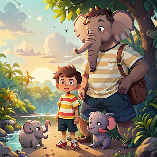 a man and a boy standing in front of an elephant and a river with elephants in the background and a sunset