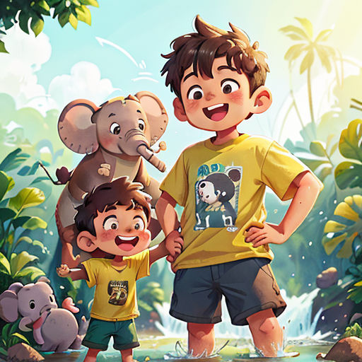 a boy and a boy are standing in front of a jungle with elephants and a baby elephant on his shoulders