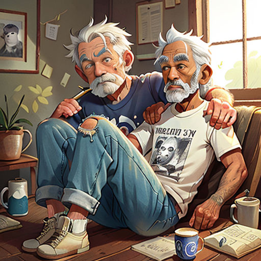 two older men sitting on a couch next to each other with a cup of coffee in front of them
