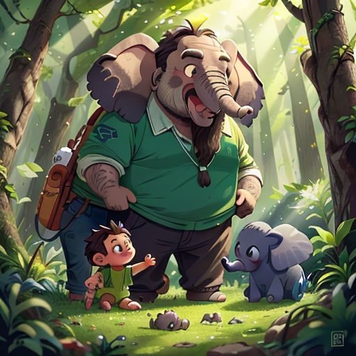 a man with a backpack and an elephant in the forest with a child in front of him and an elephant behind him